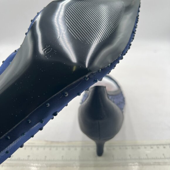 XYD Navy Pointed Toe Slip On Mesh Pumps Rhinestone Studs Comfy Kitten Heels Shoe - Picture 6 of 8